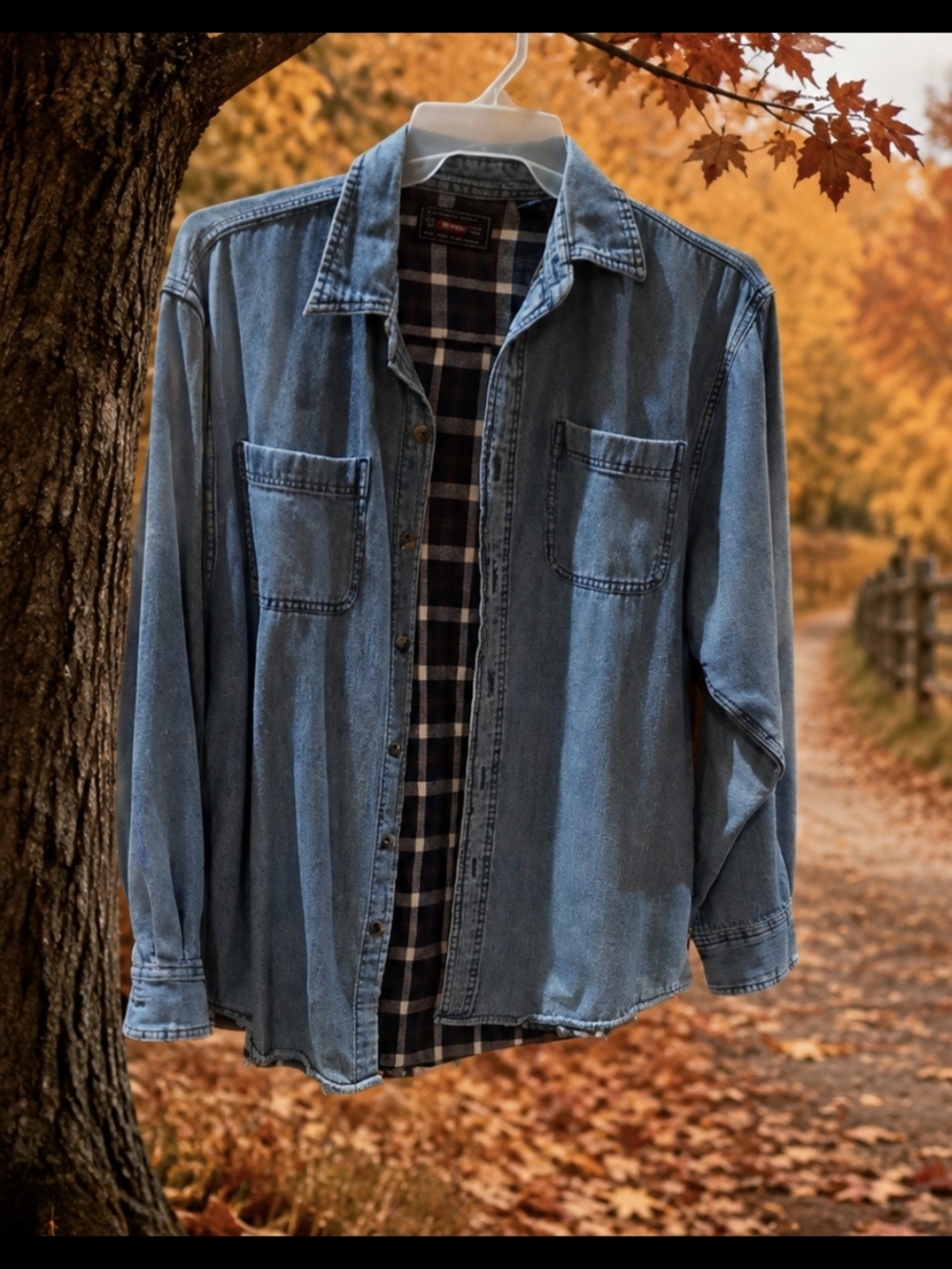 Wrangler Light Blue Denim Shirt Jacket with Navy Plaid Lining